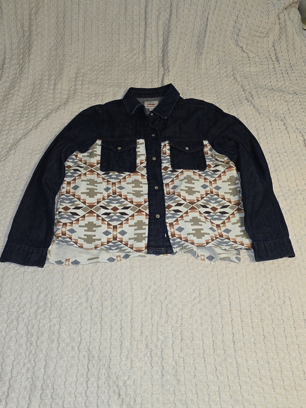 Wrangler Rodeo Denim & Aztec Print Flannel Pearl Snap Jacket - Women's M NWOT
